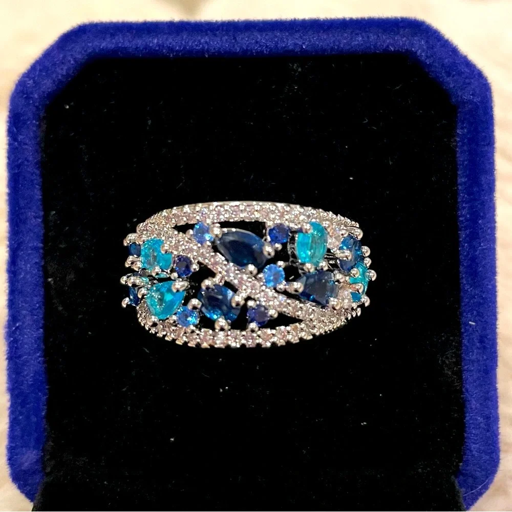 NEW Silvertone & Lab-Created Blue Topaz and Sapphire Multilayer Ring | Sz 6